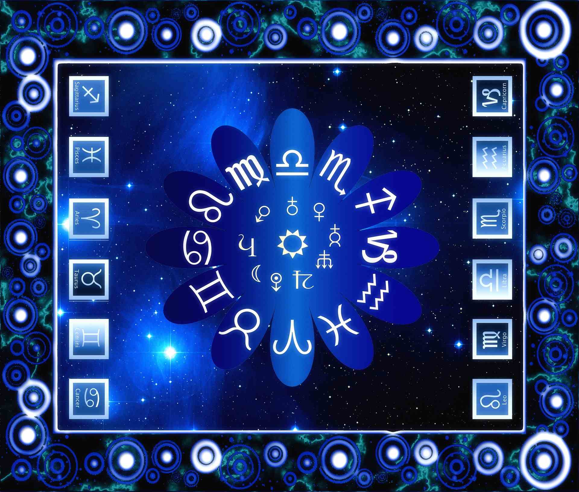 Ein Bild mit blauem Hintergrund, welches die Tierkreiszeichen symbolisiert!